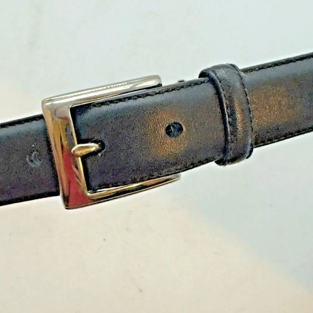 Polo Ralph Lauren Black Italian Leather Belt Men's 38 Silver Buckle & Logo FLAW
